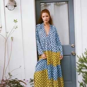 RHODE Cosima Blue and Yellow Long Sleeve Dress